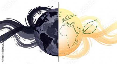 Earth divided into dark pollution and green eco friendly halves with swirling brush strokes