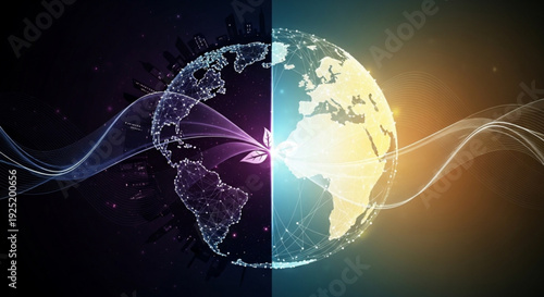 Global network connections earth map day and night split view with light trails and data flow