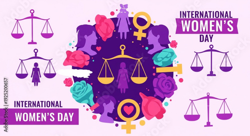 International women's day illustration with scales roses and equality symbols on purple background
