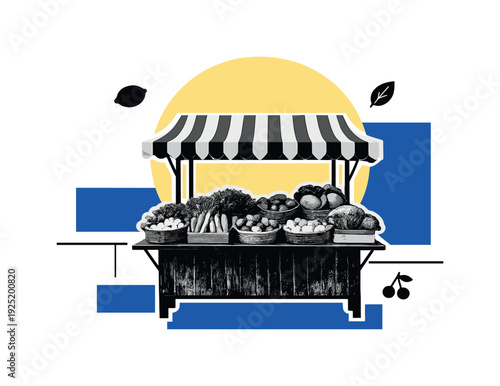 Modern graphic collage of a black and white vintage farmer market stall with striped canopy and fresh