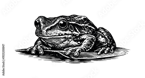 Close-up of a frog crouched low with toes gripping the edge of a lily pad, monochrome halftone dot pattern