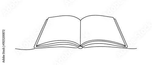 "Open Journal". Minimalistic one-line drawing open journal with visible blank pages and soft curved spine,