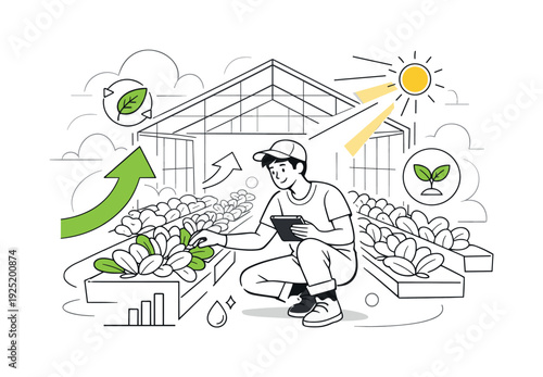 Urban greenhouse startup. A modern glass greenhouse filled with neat rows of leafy plants, a young