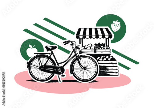 Modern poster-style graphic collage of a black and white vintage bicycle parked beside a farmer market stand