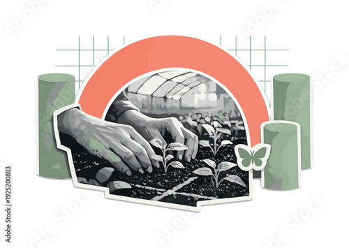 Hands Nurturing Growth. Contemporary modern-retro collage featuring a black and white close-up of hands caring