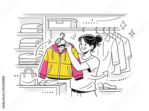 Fresh Start Closet Scene. An open closet with neatly arranged shelves, folded clothes stacked evenly, and a