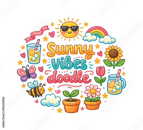 sunny vibes doodle. Hand drawn illustration of sunny vibes doodle. smiling sun, sunglasses, rainbow, cloud,