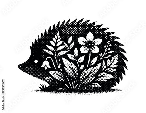 Symbolic composition of a rounded hedgehog silhouette integrated with subtle plant shapes, spines defined