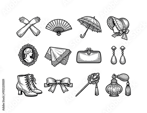 Elegant lady essentials engraving. Line outline icon set of Elegant lady essentials engraving: opera gloves,