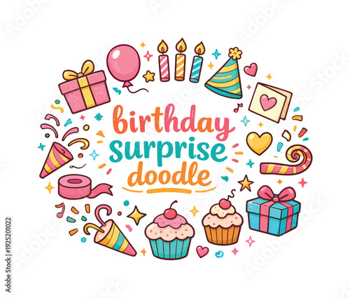 birthday surprise doodle. Hand drawn illustration of birthday surprise doodle. birthday cake, candles, gift