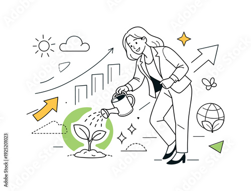 Eco startup growth metaphor. A businesswoman watering a small sprouting plant that symbolizes a new project,
