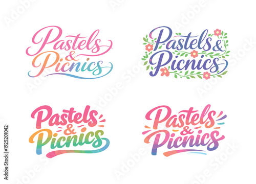 Pastels and Picnics. Set lettering. 4 harmonious lettering variations of the same emblematic concept, each