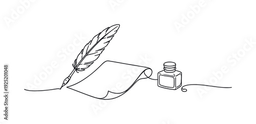 "Vintage Calligraphy Set". Minimalistic one-line drawing calligraphy pen with ink bottle and simple parchment