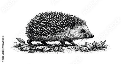 Side view of a hedgehog walking forward with simple leaves crossing the lower edge of the frame, monochrome
