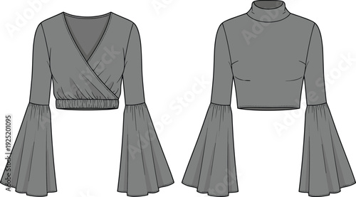 Elegant Women Long Sleeve Cropped Top Vector Technical Sketch Collection Featuring Deep V Neck Wrap Front and High Neck Mock Turtleneck Styles