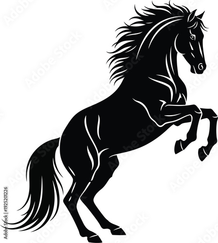 Black silhouette of a powerful horse rearing up on its hind legs against a white background. Vector, illustration