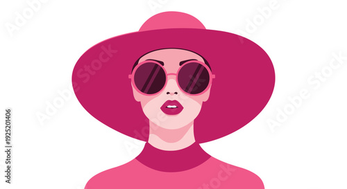 Woman wearing a wide-brimmed pink hat, round pink sunglasses, and a pink turtleneck, looking directly forward.