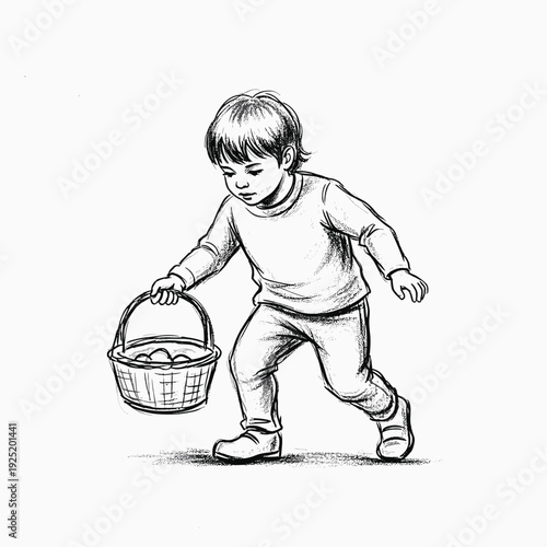 Young child with basket full of eggs, sketched in black and white, ready for Easter hunt
