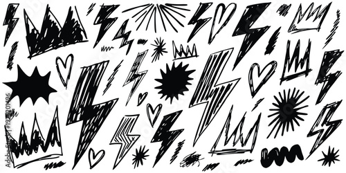 Seamless pattern of nature vector design with black line art shapes and stars for a winter wallpaper texture background illustration