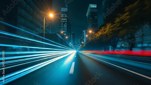 Night city highway captured with long exposure light trails and illuminated buildings along roadway