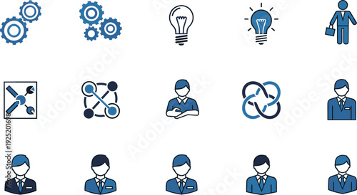 Business Teamwork Collaboration Icons Set with Gears Lightbulb Network Connections Professional People Partnership Vector Illustration