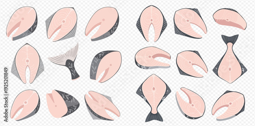 Set of fresh halibut steaks and tail cuts, ready for cooking, on a transparent background.