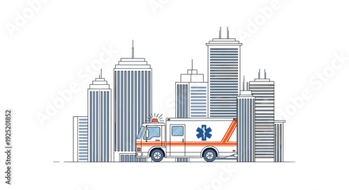 An emergency ambulance with flashing lights drives through a modern city with tall skyscrapers.