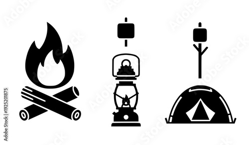 set of camping iconsCamping Essentials Silhouette Icons with Campfire Marshmallow Lantern and Tent Vector Set