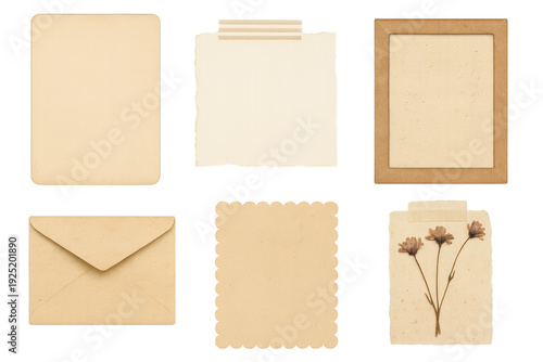 A flat lay of six vintage beige paper ephemera pieces including blank sheets, torn paper with tape, a kraft photo frame, an envelope, scalloped card, and a pressed flower paper