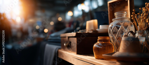 Collection of pre loved household items at flea market or thrift store secondhand goods vintage objects sustainable shopping recycled items natural lighting defocused market