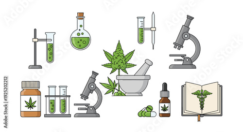 Collection of cannabis products, laboratory equipment, and medical book, symbolizing cannabis research and alternative medicine.