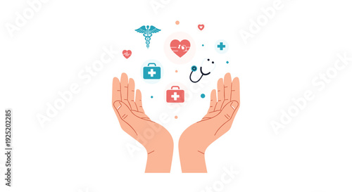 Illustration of two cupped hands holding up a collection of colorful floating medical and healthcare-related icons.