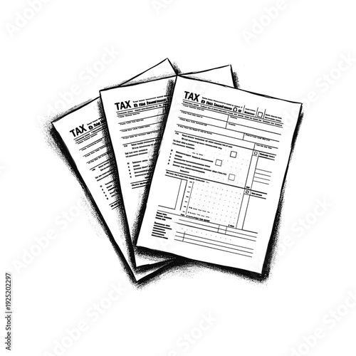 Stack of tax forms with handwritten style illustration for financial planning
