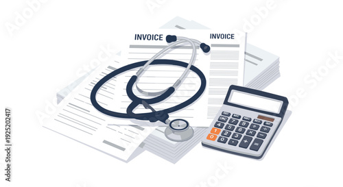 Stack of medical invoices, a stethoscope, and a calculator lying together on a clean white background.
