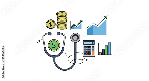 Stethoscope, calculator, stacked coins, and various financial charts illustrating medical expenses and healthcare economics.
