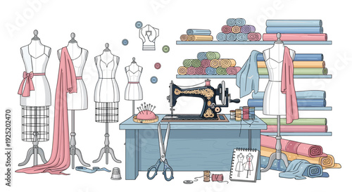 Busy sewing workshop scene with mannequins, rolls of fabric, vintage sewing machine, scissors, and various tailoring tools.