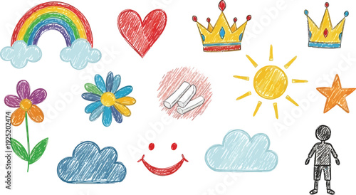 Cute kawaii nature icons collection featuring a happy earth sun clouds mushroom and potted plants for environmental awareness and children nursery decor design.