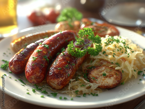 Grilled bratwurst sausages with sauerkraut and roasted potatoes