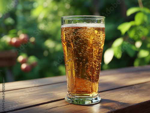 Glass of sparkling apple cider on outdoor garden table