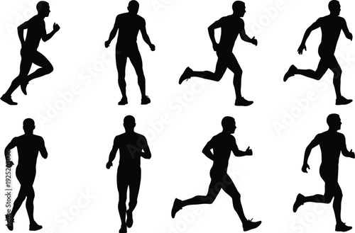 Collection of black silhouettes of men in various running and jogging poses on a white background. Vector