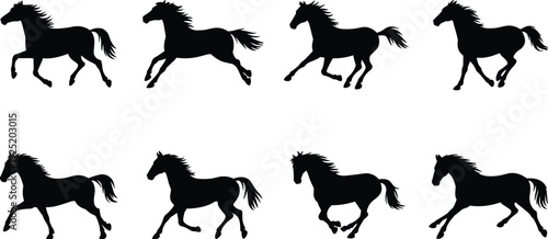 Black horse herd silhouettes panorama, running wild equine group isolated on white background, farm animal vector illustration set