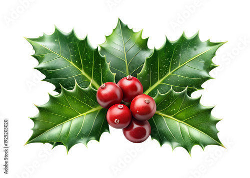 Fresh Holly Leaves with Red Berries Decorative Isolated on Transparent Background