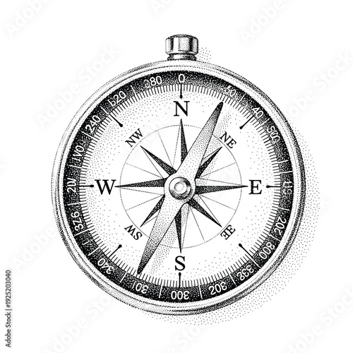 Vintage stippled compass showing cardinal directions and degrees on a white background