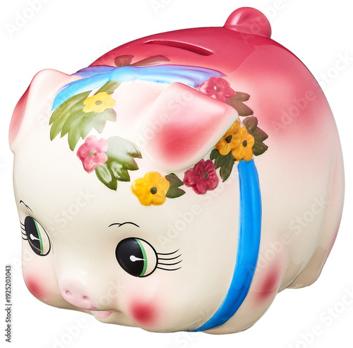 Schilderij op canvas Vintage ceramic piggy bank with floral wreath and blue ribbon isolated on white