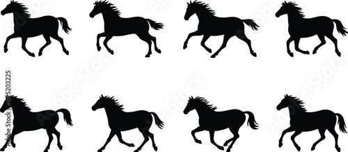 Running horse silhouettes set, black equine galloping collection isolated on white background, farm animal vector illustration for logo design