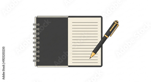 Black notebook with gold pen on lined paper pages spiral bound book open on white background writing concept