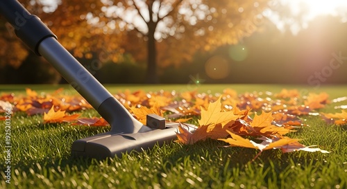 Close-up of garden vacuum cleaner clearing colorful autumn leaves on a green lawn in a sunny backyard