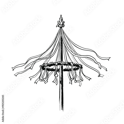 Hand-drawn illustration of a maypole with flowing ribbons and a decorative top