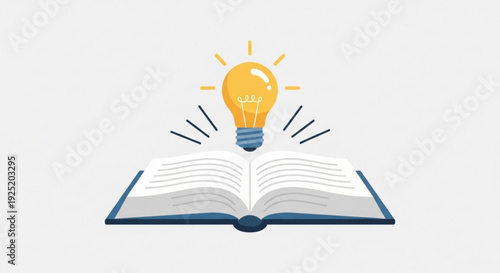 Open book with shining lightbulb on top symbolizing inspiration knowledge and creativity in education