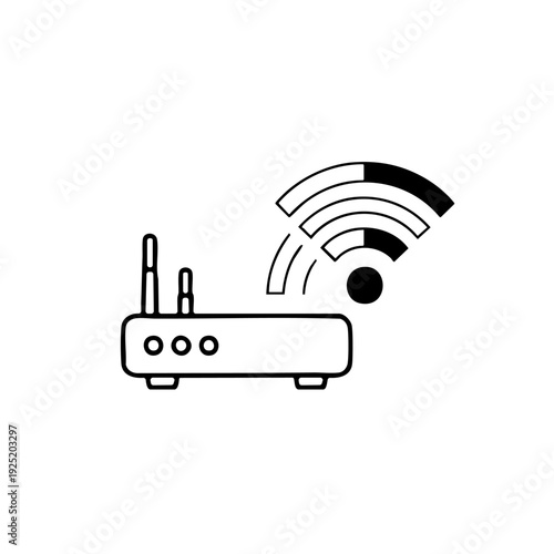Simple black and white illustration of a wireless router with signal waves